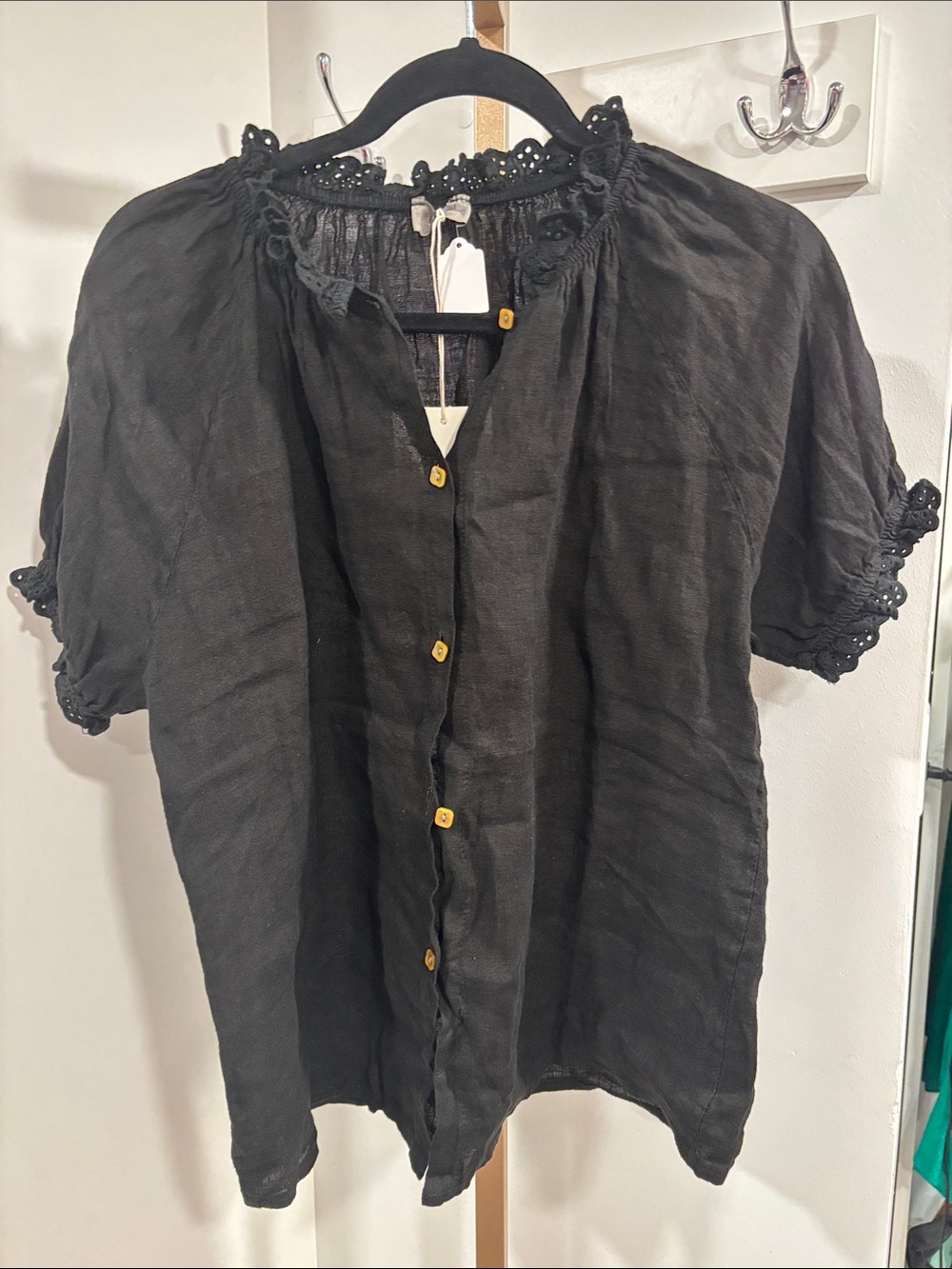 Black Lace-Trim Button Down Linen Top